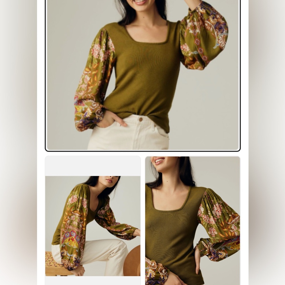 Blank London Olive Green Women's Top with Patterned Sleeves Anthropology
